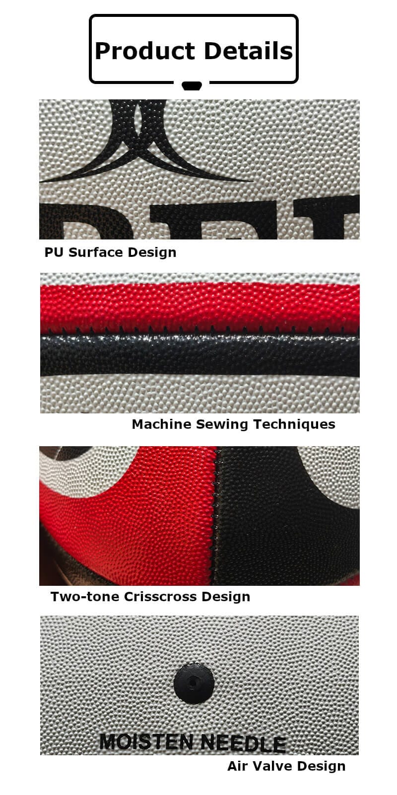CHBERT size 5 rugby ball details, PU surface, stitched seam and air valve