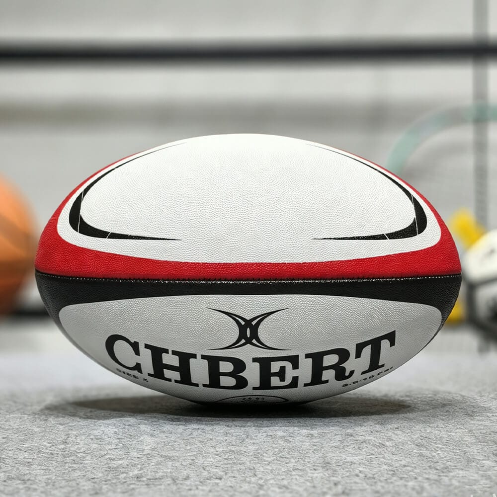 Side back view CHBERT size 5 rugby ball, textured PU rugby ball