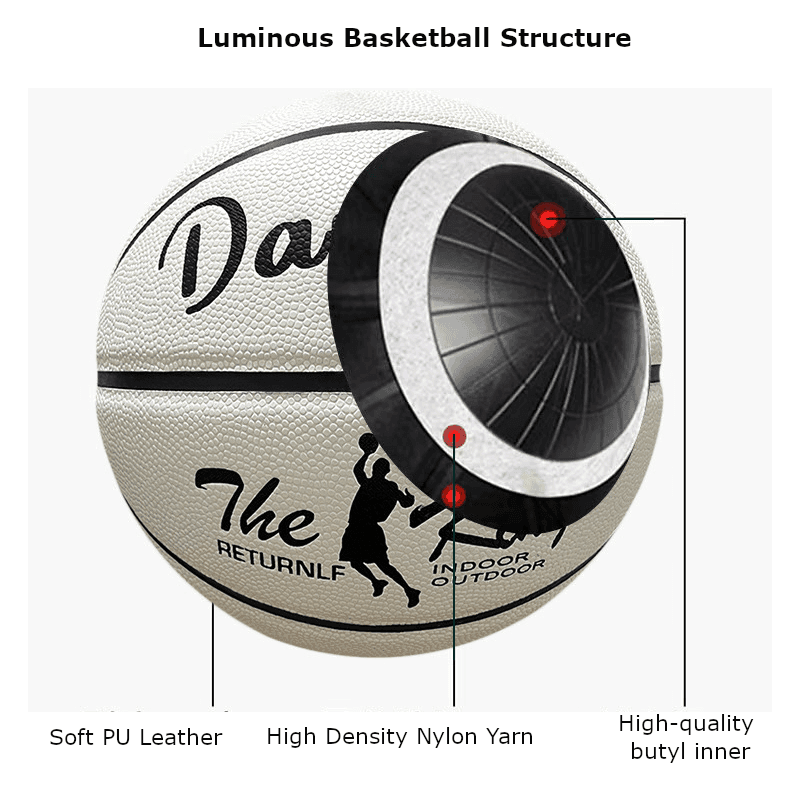 Glow in the dark basketball internal construction diagram, soft PU, nylon yarn and butyl bladder
