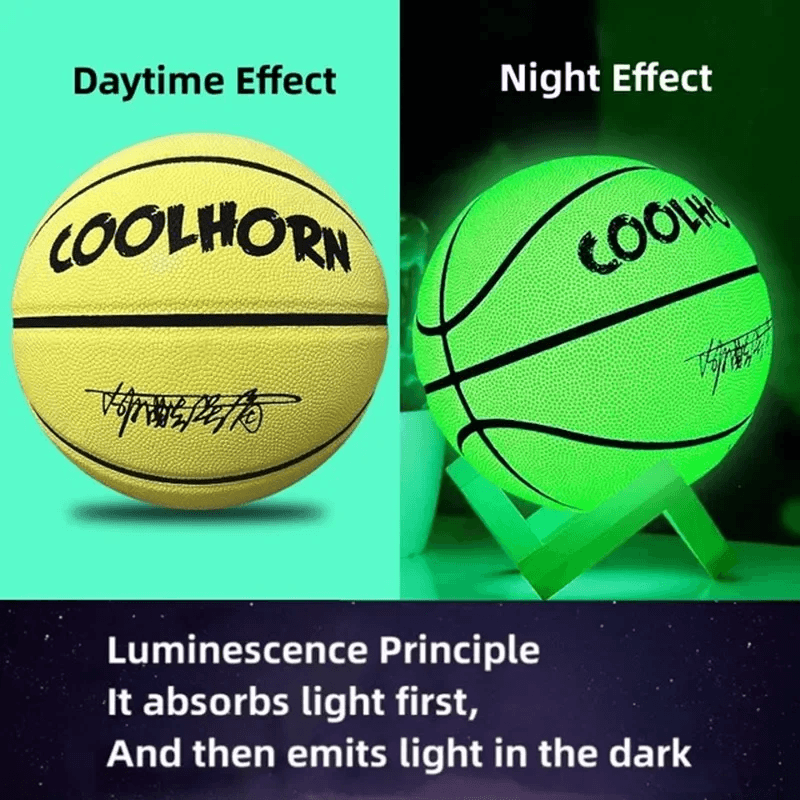 Solid yellow glow in the dark basketball, compare daytime appearance and luminous night glowing effect