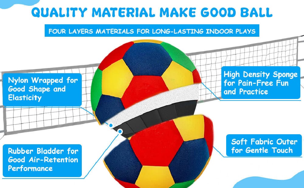 Silent sports soccer ball 4 layers material construction, rubber bladder, nylon wrapped, high density sponge, soft fabric outer for indoor play