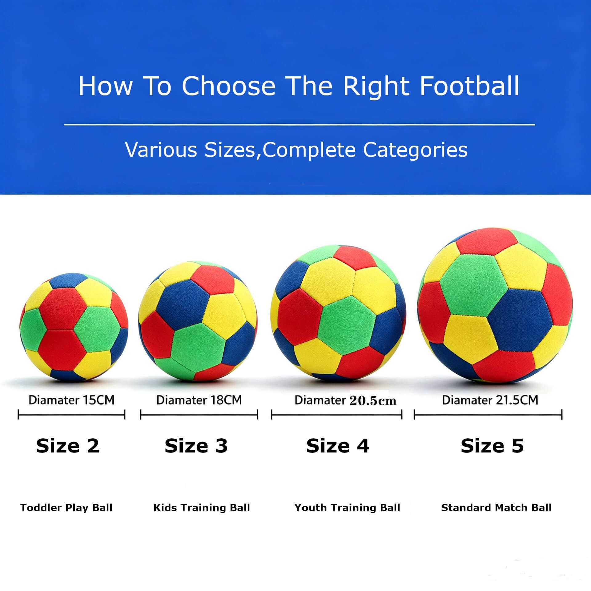 Soft ball silent soccer ball size chart, Size2 to Size5, different diameters for toddler, kids, youth and match training