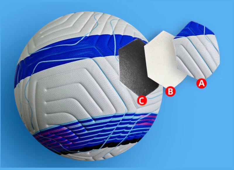 Sports ball layered breakdown showing surface, inner patch and rubber bladder components